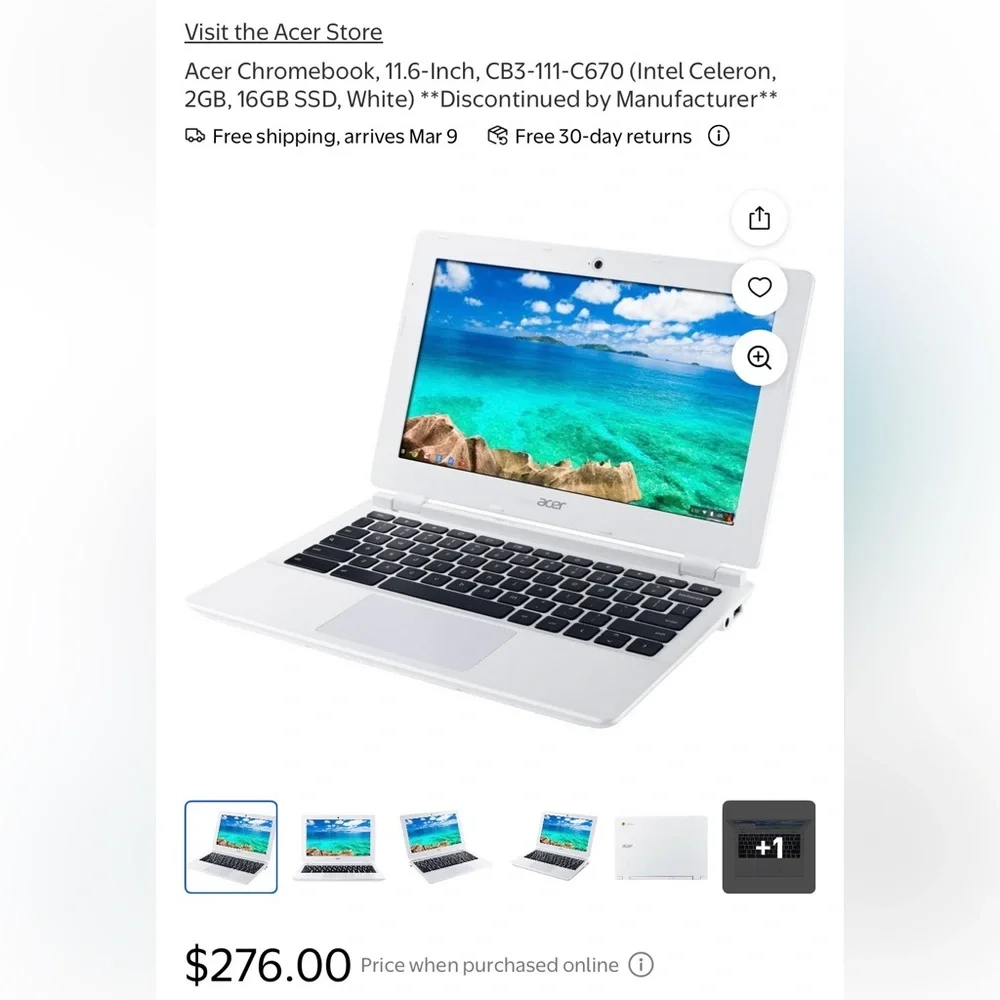 Acer White Chromebook like new CB3-132 Student Lightweight Laptop